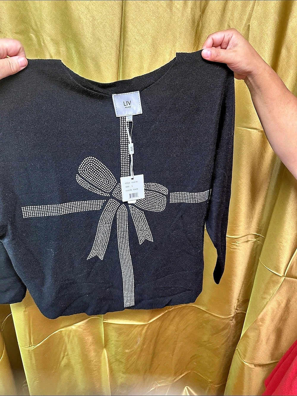 LIV MILANO Rhinestone Bow Knit Sweater Black Blouse